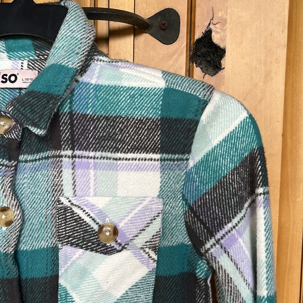SO Plaid Button-Down Shirt in Teal, Black, Lavender & White